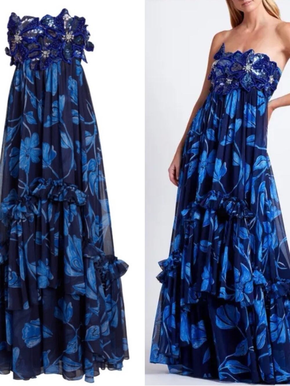 PATBO Nightflower Beaded Strapless Floral Maxi Gown Size 10